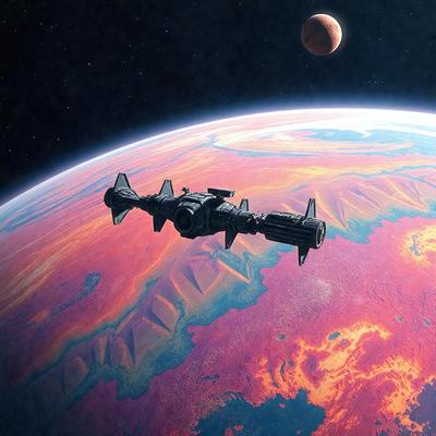 The primary subject of the image is a spacecraft, which is flying through the air. The setting is a colorful, swirling, and vibrant background, which adds a sense of motion and excitement to the scene. The visual style of the image is a combination of photo and digital art, creating a unique and captivating representation of the spacecraft. The colors and mood of the image are lively and energetic, with a strong focus on the spacecraft and its surroundings.